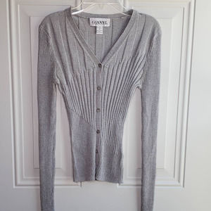 Gianni Silk Gray Button Up Blouse Sweater Long Sleeve Ribbed Stretchy Size Small